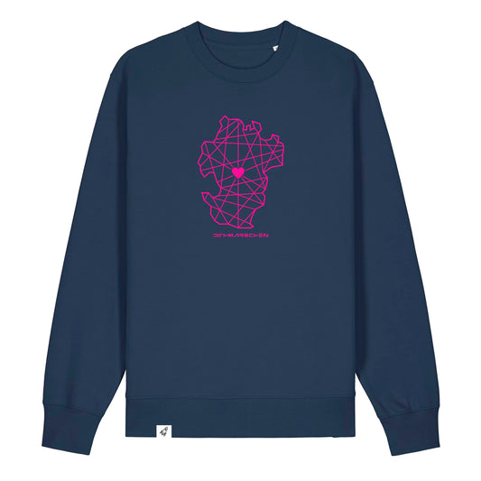 Dunkelblauer Unisex Sweater aus der Pinktober Kollektion mit Dithmarschen Motiv.