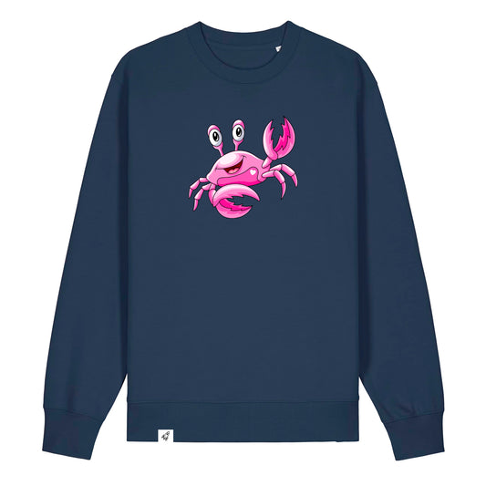 Dunkelblauer Unisex Sweater aus der Pinktober Kollektion mit Krebs Motiv.