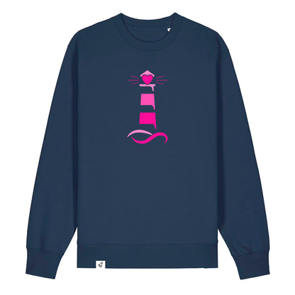 Dunkelblauer Unisex Sweater aus der Pinktober Kollektion mit Leuchtturm Motiv.