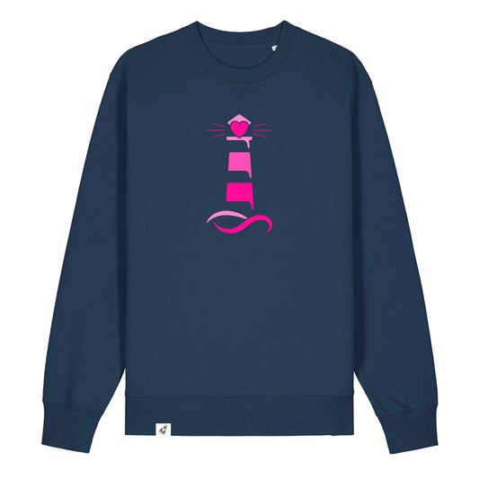 Dunkelblauer Unisex Sweater aus der Pinktober Kollektion mit Leuchtturm Motiv.