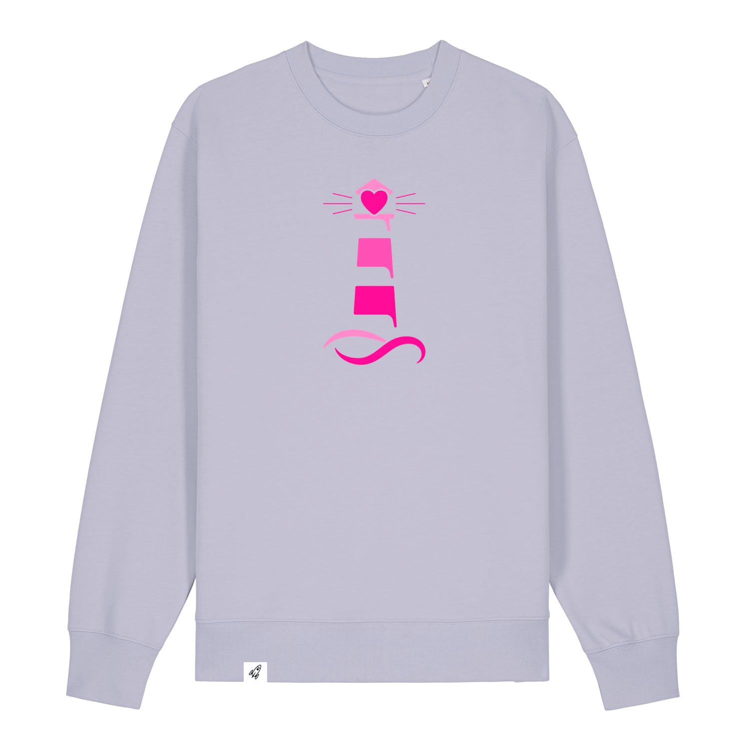 Violetter Unisex Sweater aus der Pinktober Kollektion mit Leuchtturm Motiv.