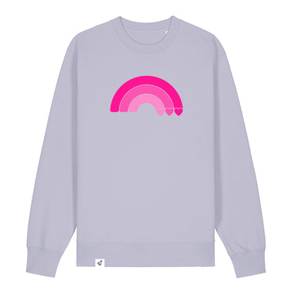 Violetter Unisex Sweater aus der Pinktober Kollektion mit Regenbogen Motiv.