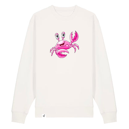 Weißer Unisex Sweater aus der Pinktober Kollektion mit Krebs Motiv.