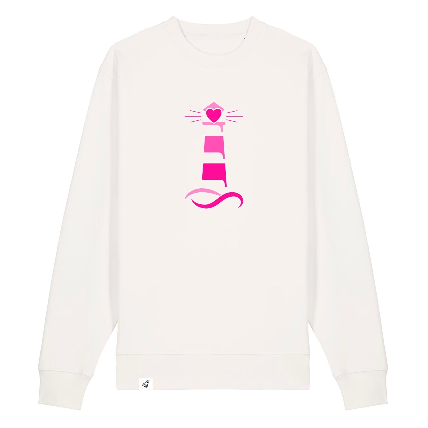 Altweißer Unisex Sweater aus der Pinktober Kollektion mit Leuchtturm Motiv.