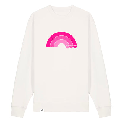 Altweißer Unisex Sweater aus der Pinktober Kollektion mit Regenbogen Motiv.