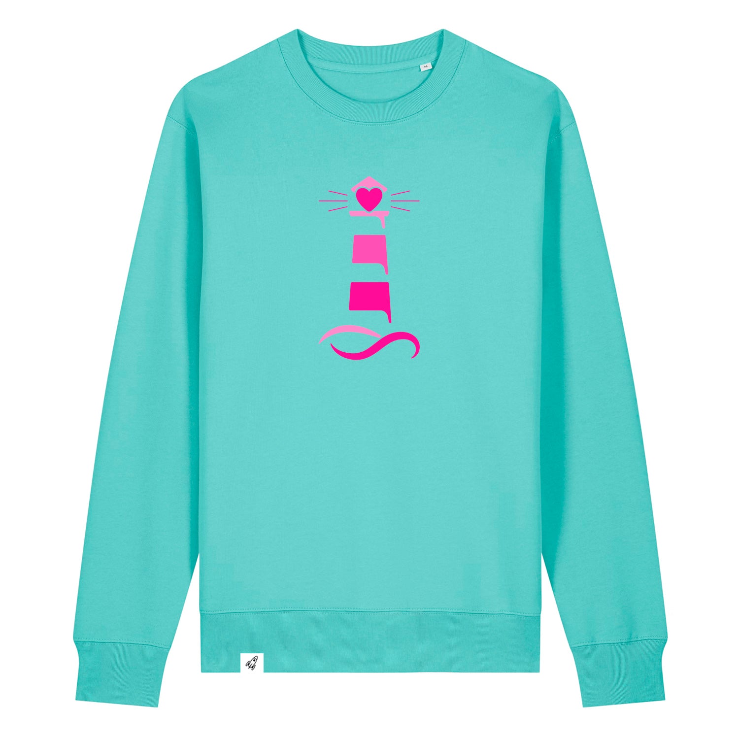 Hellblauer Unisex Sweater aus der Pinktober Kollektion mit Leuchtturm Motiv.