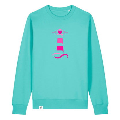 Hellblauer Unisex Sweater aus der Pinktober Kollektion mit Leuchtturm Motiv.