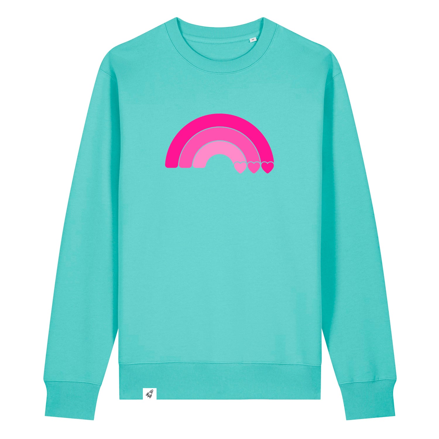 Hellblauer Unisex Sweater aus der Pinktober Kollektion mit Regenbogen Motiv.