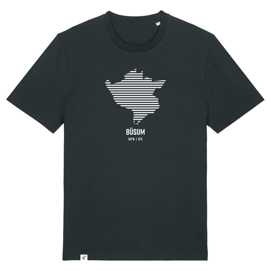 Schwarzes Unisex T-Shirt mit Rundhalsausschnitt. Auf der Brust ist in weißen Streifen der Umriss von Büsum. Darunter steht Büsum 54° N und 8° E. Die Farbe vom T-Shirt heißt Black.