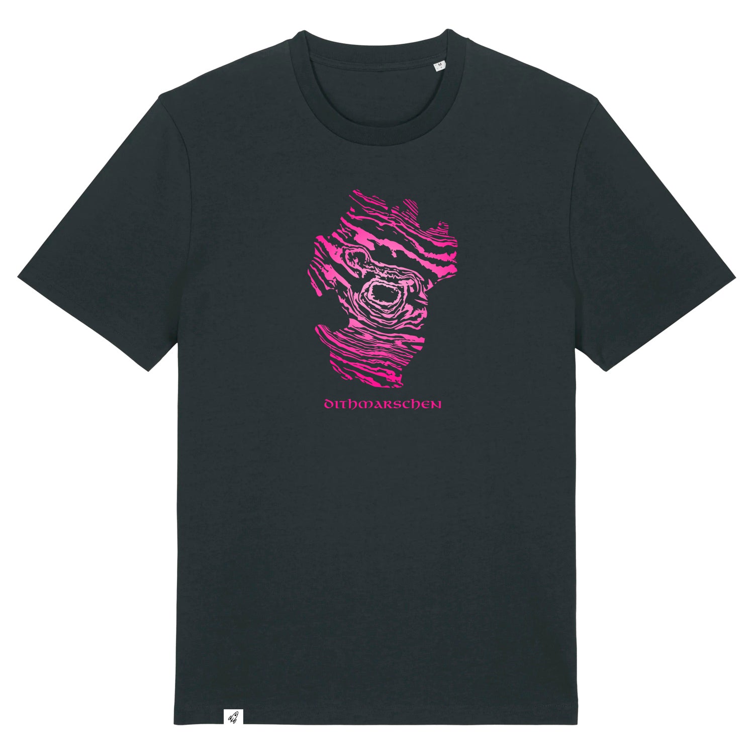 Schwarzes Unisex T-Shirt mit Rundhalsausschnitt. Auf der Brust ist die Ansicht von Dithmarschen in pinkem Farbverlauf. Die Fläche hat das Muster eines Damastmessers. Darunter steht in altmodischer Schriftart Dithmarschen.