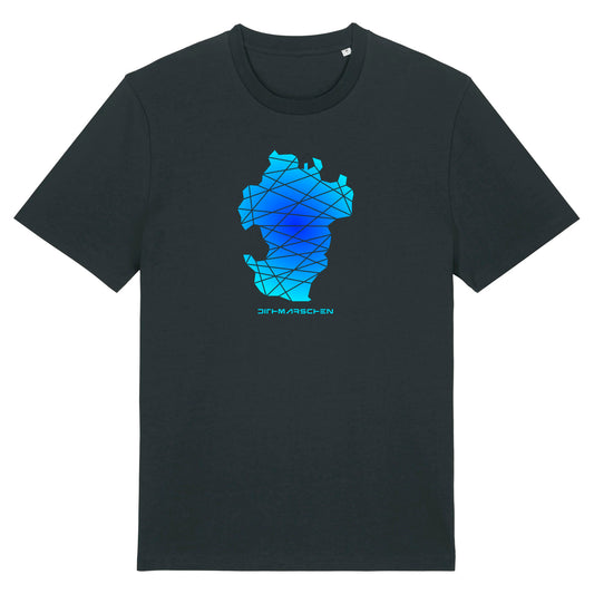 Schwarzes Unisex T-Shirt mit Rundhalsausschnitt. Auf der Brust ist in blauem Farbverlauf der Umriss von Dithmarschen. Die Fläche ist durch dunkle Linien geteilt. Darunter steht in moderner hellblauer Schriftart Dithmarschen. Die Farbe vom T-Shirt heißt Black.