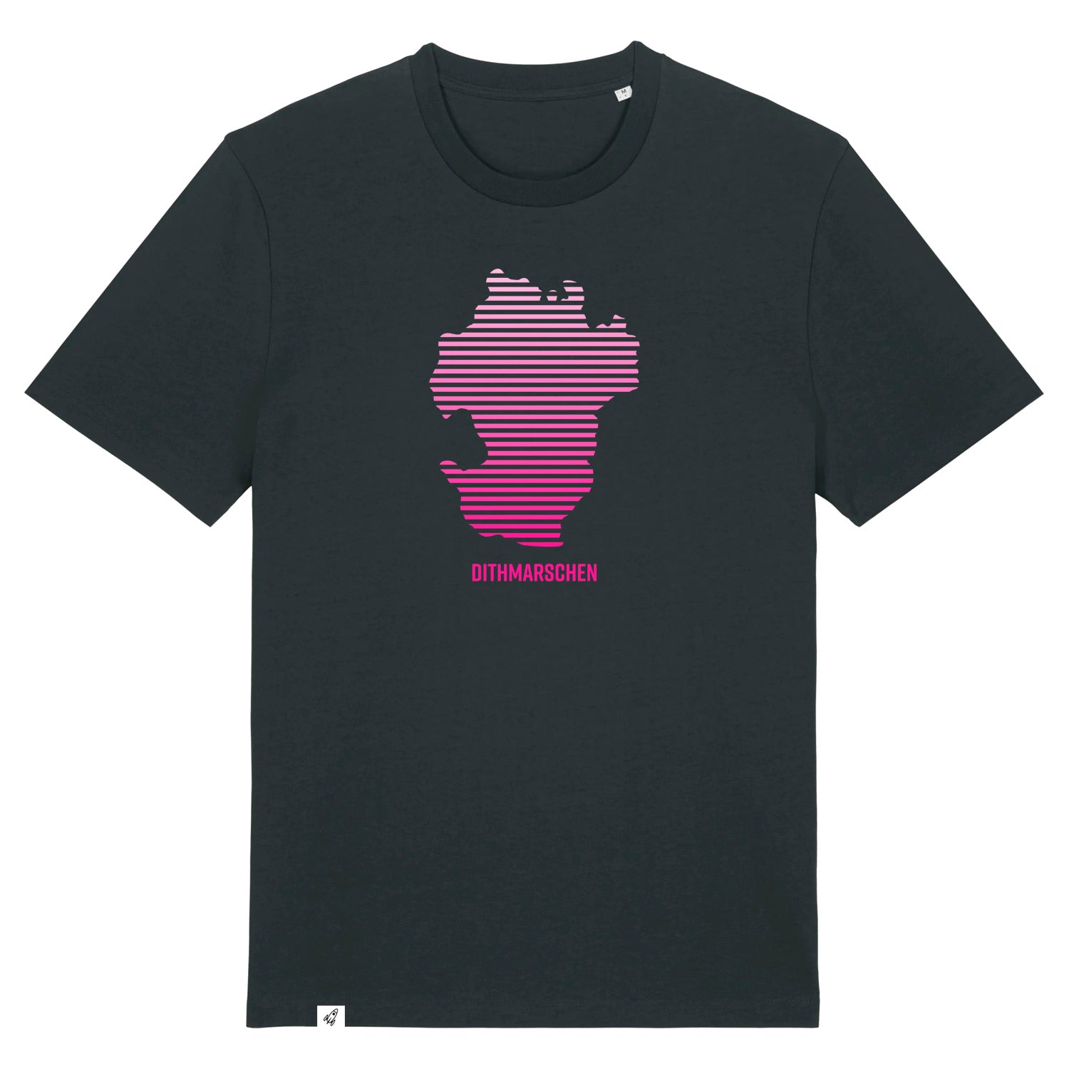 Schwarze Unisex T-Shirt mit Rundhals-Ausschnitt. Auf der Brust ist in pinken Verlaufs-Streifen der Umriss von Dithmarschen. Unter dem Umriss steht Dithmarschen.