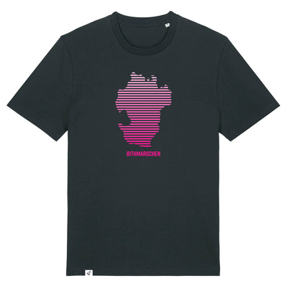 Schwarze Unisex T-Shirt mit Rundhals-Ausschnitt. Auf der Brust ist in pinken Verlaufs-Streifen der Umriss von Dithmarschen. Unter dem Umriss steht Dithmarschen.
