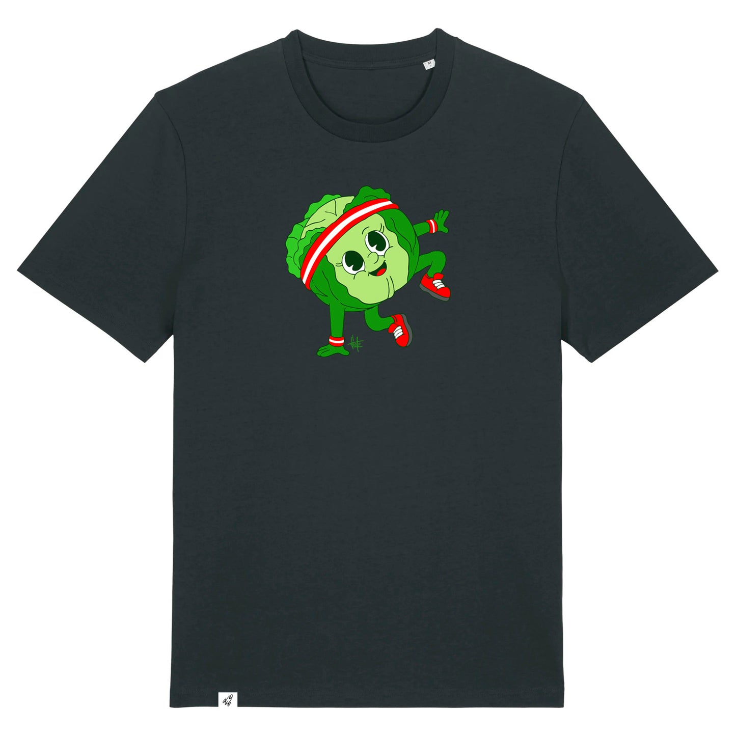 Schwarzes Unisex T-Shirt mit Rundhalsausschnitt. Auf der Brust ist ein tanzender Kohlkopf.