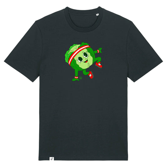 Schwarzes Unisex T-Shirt mit Rundhalsausschnitt. Auf der Brust ist ein tanzender Kohlkopf.