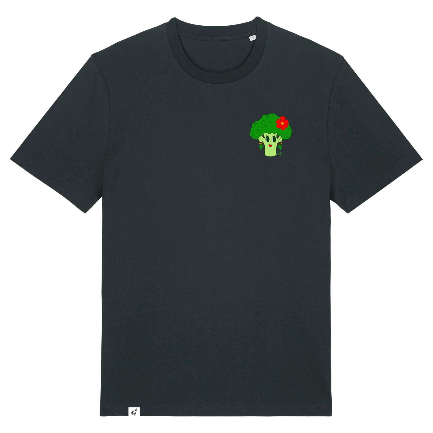 Schwarzes Unisex T-Shirt mit Rundhalsausschnitt. Auf der linken Brust ist eine Brokkoli Kohlkopf Dame.