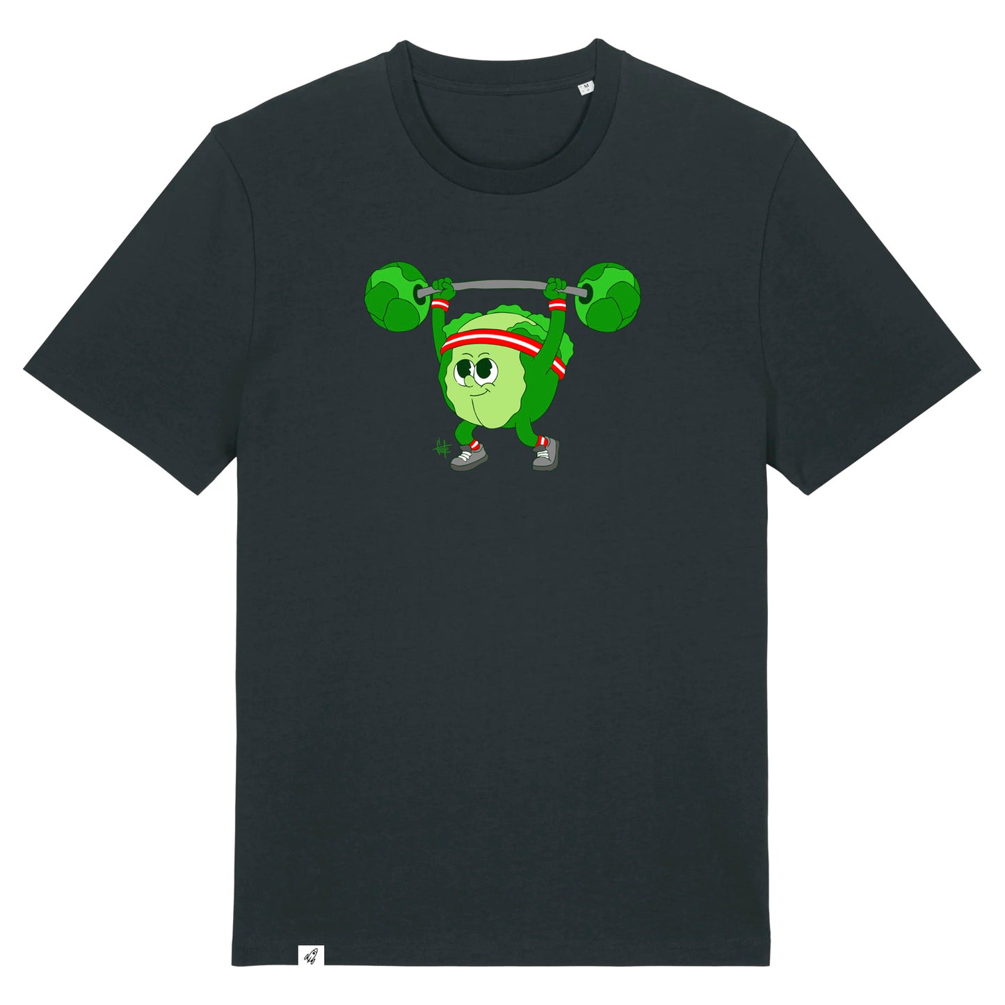 Schwarzes Unisex T-Shirt mit Rundhalsausschnitt. Auf der Brust ist ein Kohlkopf der eine Hantelstange hebt.