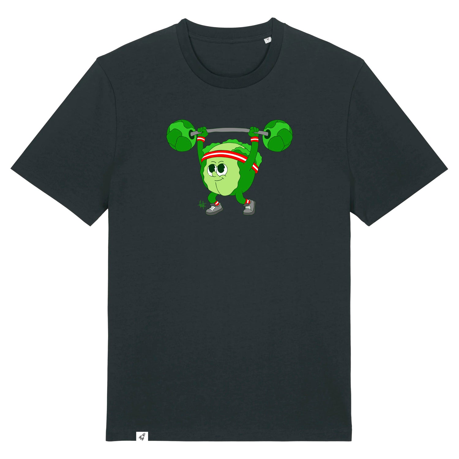 Schwarzes Unisex T-Shirt mit Rundhalsausschnitt. Auf der Brust ist ein Kohlkopf der eine Hantelstange hebt.