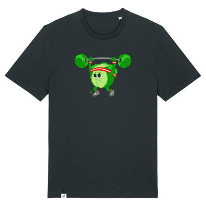 Schwarzes Unisex T-Shirt mit Rundhalsausschnitt. Auf der Brust ist ein Kohlkopf der eine Hantelstange hebt.