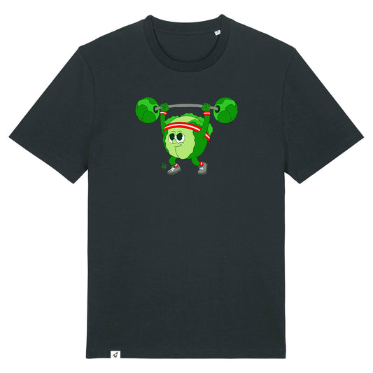 Schwarzes Unisex T-Shirt mit Rundhalsausschnitt. Auf der Brust ist ein Kohlkopf der eine Hantelstange hebt.