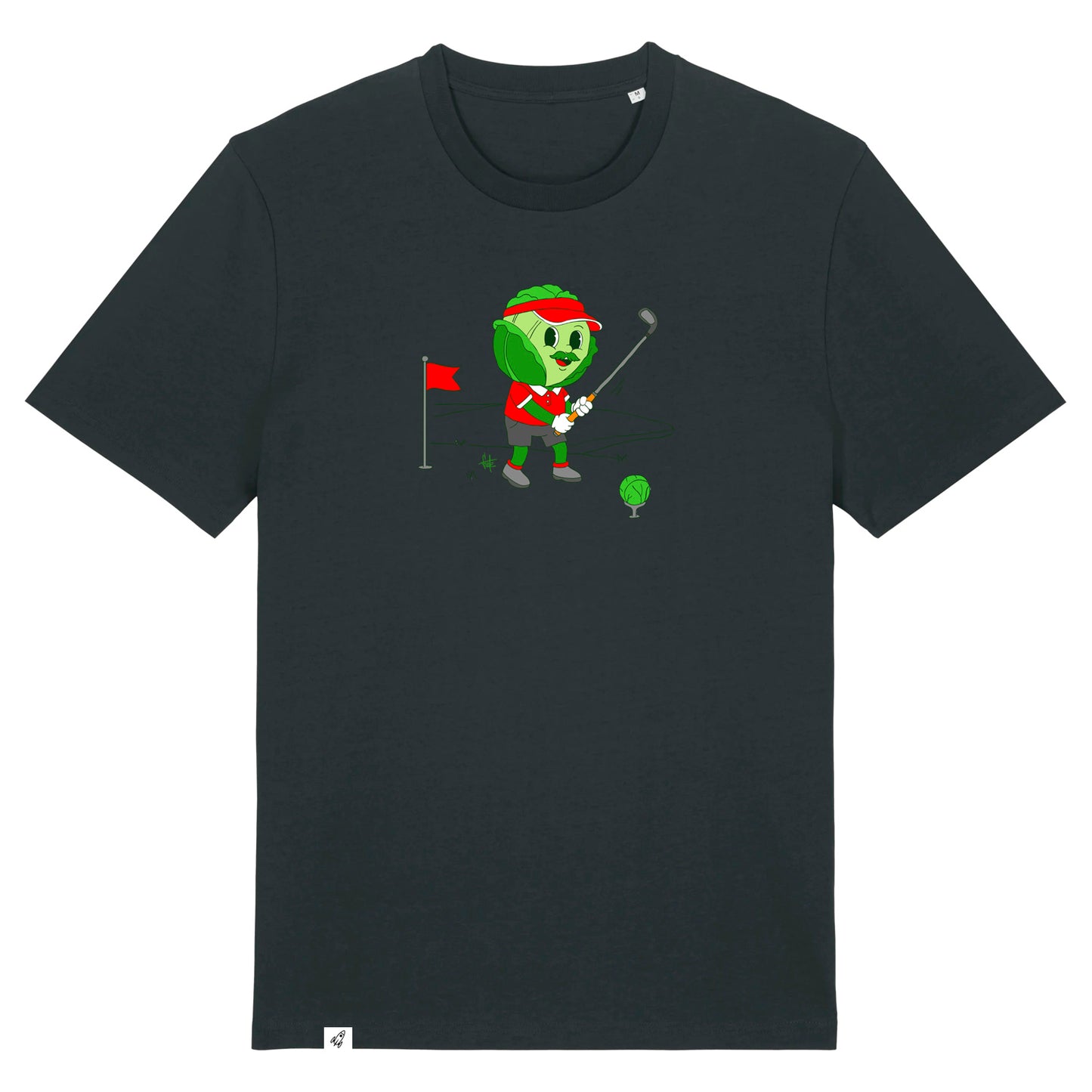 Schwarzes Unisex T-Shirt mit Rundhalsausschnitt. Auf der Brust ist ein Kohl der Golf spielt.