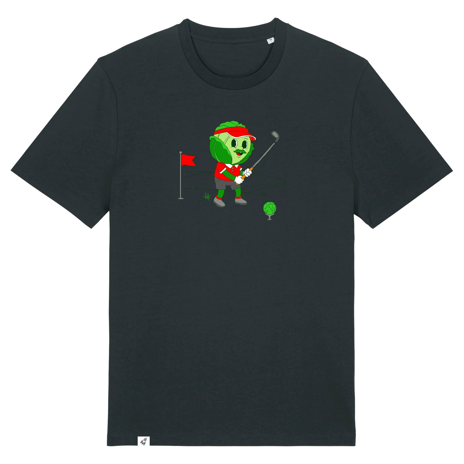 Schwarzes Unisex T-Shirt mit Rundhalsausschnitt. Auf der Brust ist ein Kohl der Golf spielt.