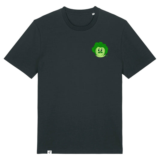 Schwarzes Unisex T-Shirt mit Rundhalsausschnitt. Auf der linken Brust ist ein Wirsing Kohlkopf Herr.