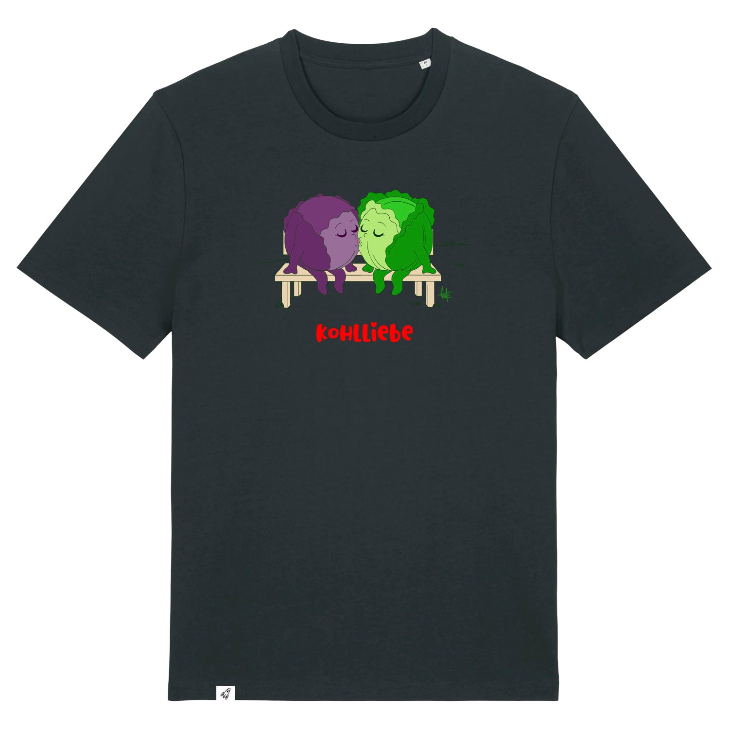 Schwarzes Unisex T-Shirt mit Rundhalsausschnitt. Auf der Brust sind zwei Kohlköpfe. Weiß- und Rotkohl diesich küssen.