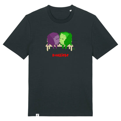 Schwarzes Unisex T-Shirt mit Rundhalsausschnitt. Auf der Brust sind zwei Kohlköpfe. Weiß- und Rotkohl diesich küssen.
