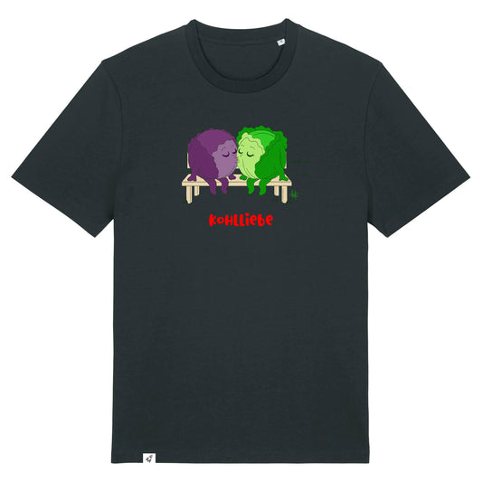 Schwarzes Unisex T-Shirt mit Rundhalsausschnitt. Auf der Brust sind zwei Kohlköpfe. Weiß- und Rotkohl diesich küssen.