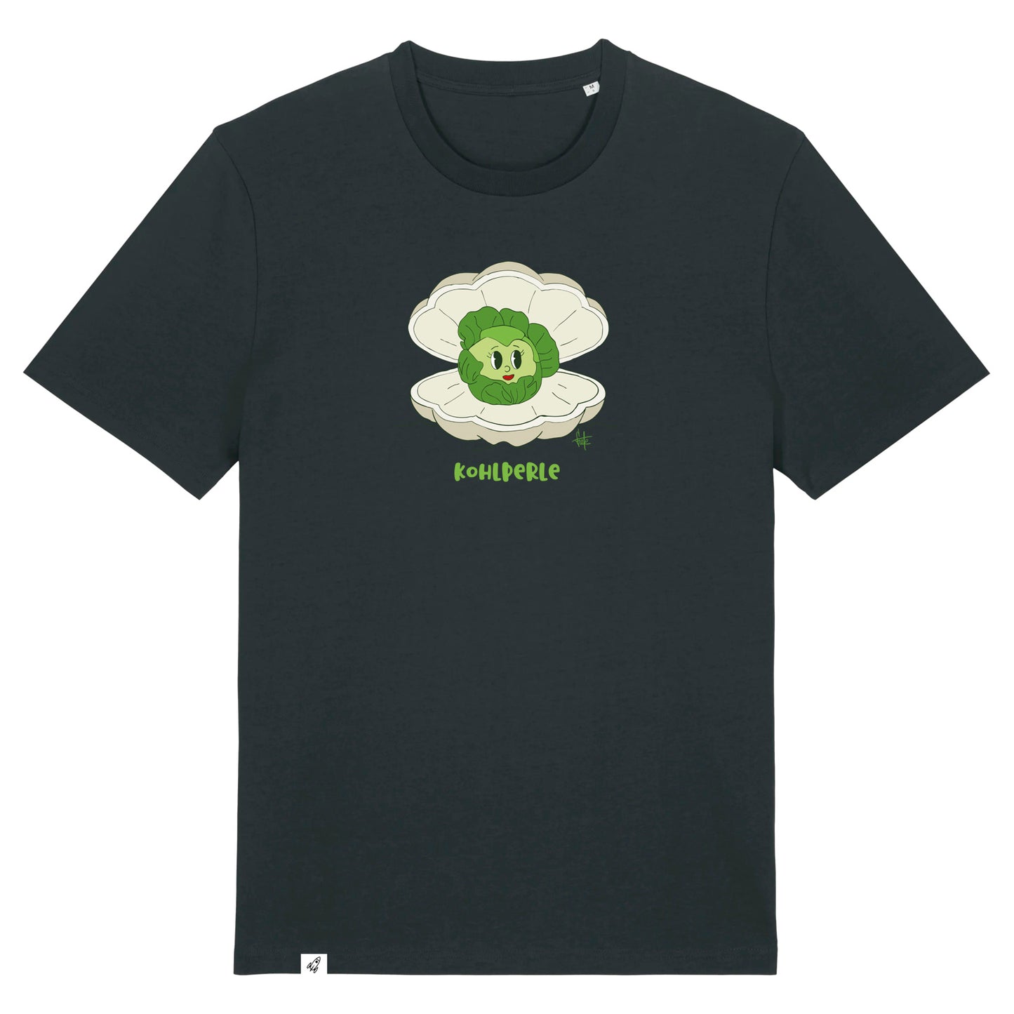 Schwarzes Unisex T-Shirt mit Rundhalsausschnitt. Auf der Brust ist ein Kohlkopf der in einer aufgeklappten Herzmuschel liegt. Darunter steht der Text Kohlperle.