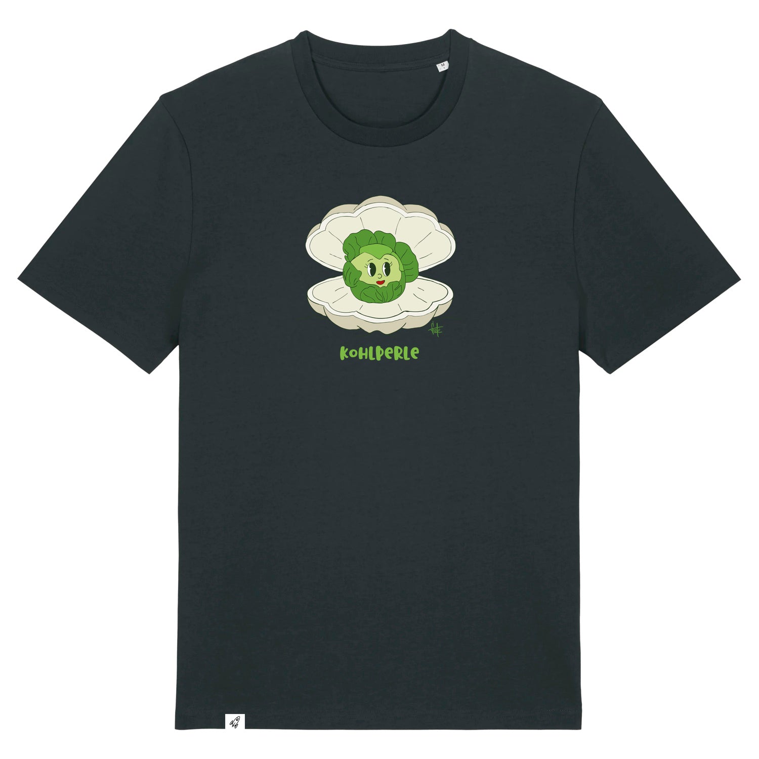 Schwarzes Unisex T-Shirt mit Rundhalsausschnitt. Auf der Brust ist ein Kohlkopf der in einer aufgeklappten Herzmuschel liegt. Darunter steht der Text Kohlperle.