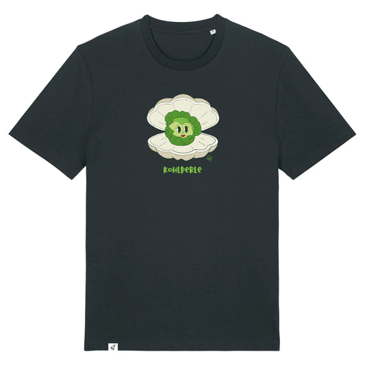 Schwarzes Unisex T-Shirt mit Rundhalsausschnitt. Auf der Brust ist ein Kohlkopf der in einer aufgeklappten Herzmuschel liegt. Darunter steht der Text Kohlperle.
