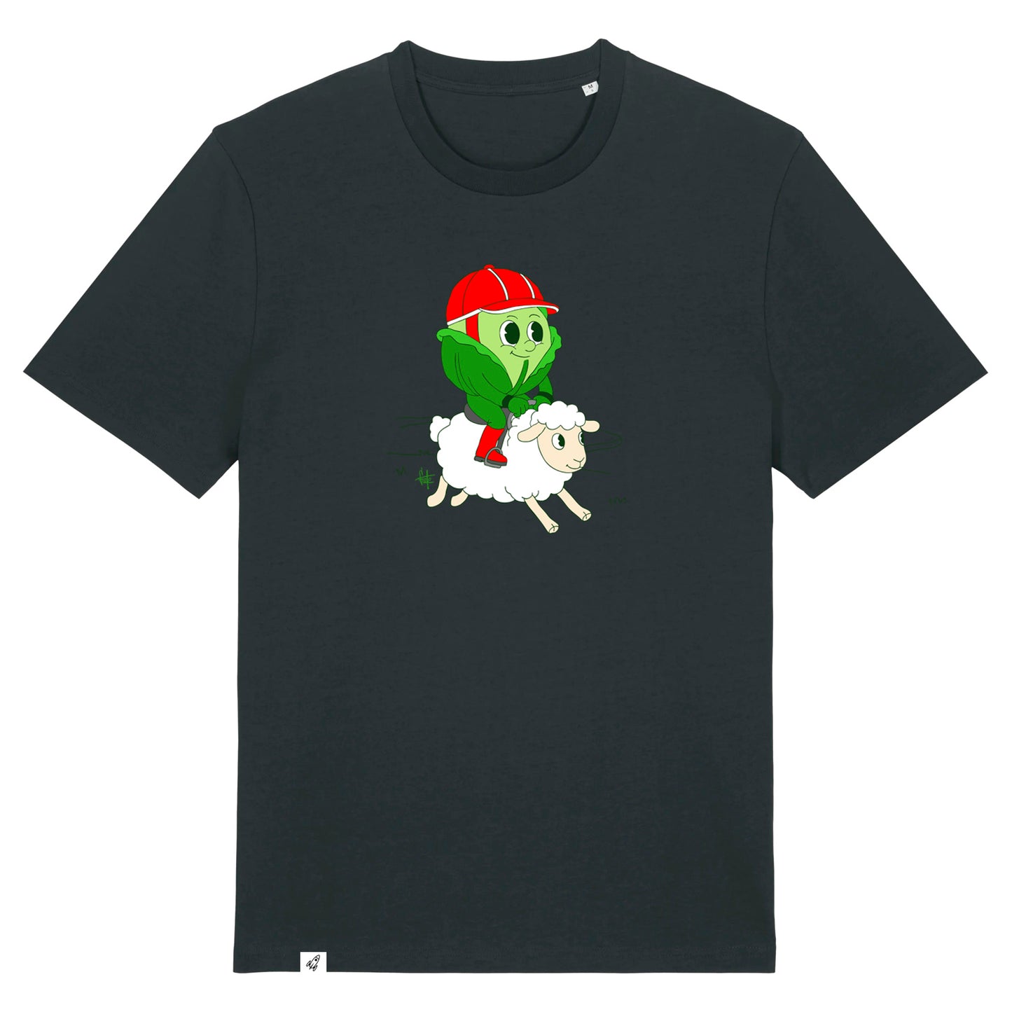 Schwarzes Unisex T-Shirt mit Rundhalsausschnitt. Auf der Brust ist ein Kohlkopf der auf einem Schaf reitet.