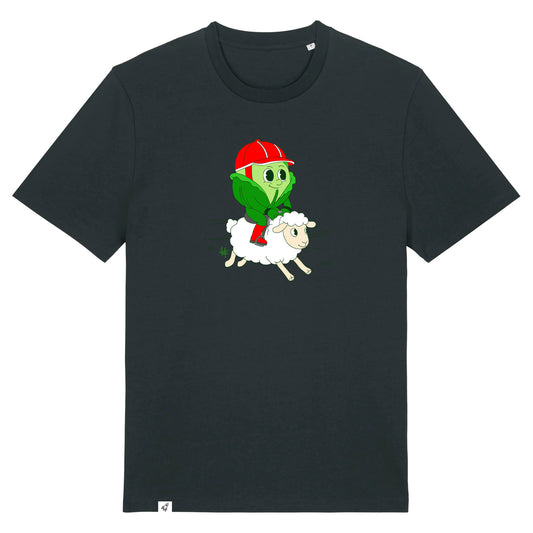 Schwarzes Unisex T-Shirt mit Rundhalsausschnitt. Auf der Brust ist ein Kohlkopf der auf einem Schaf reitet.