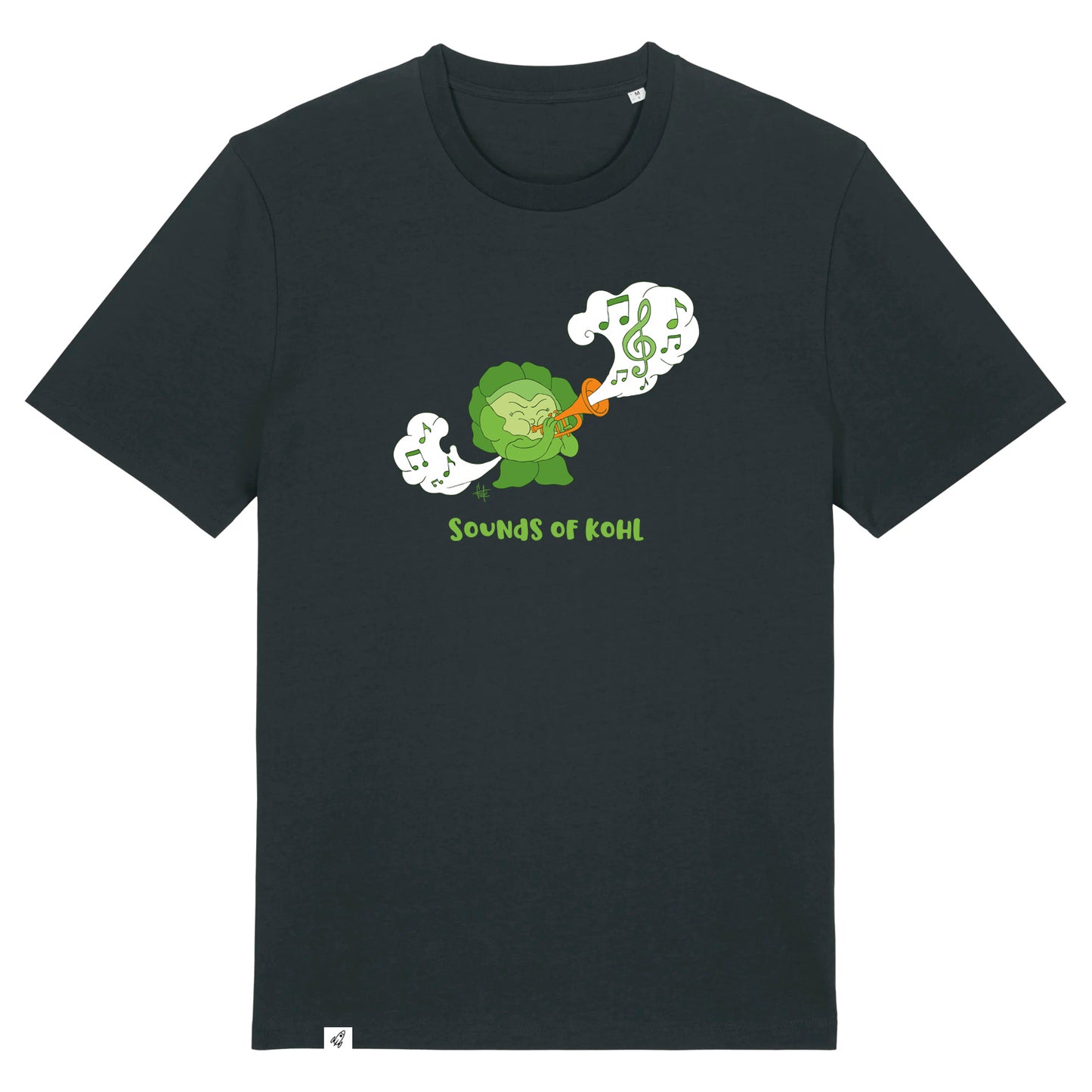 Schwarzes Unisex T-Shirt mit Rundhalsausschnitt. Auf der Brust ist ein Kohl der Musik auf einer Trompete spielt. Darunter steht der Spruch Sounds of Kohl.