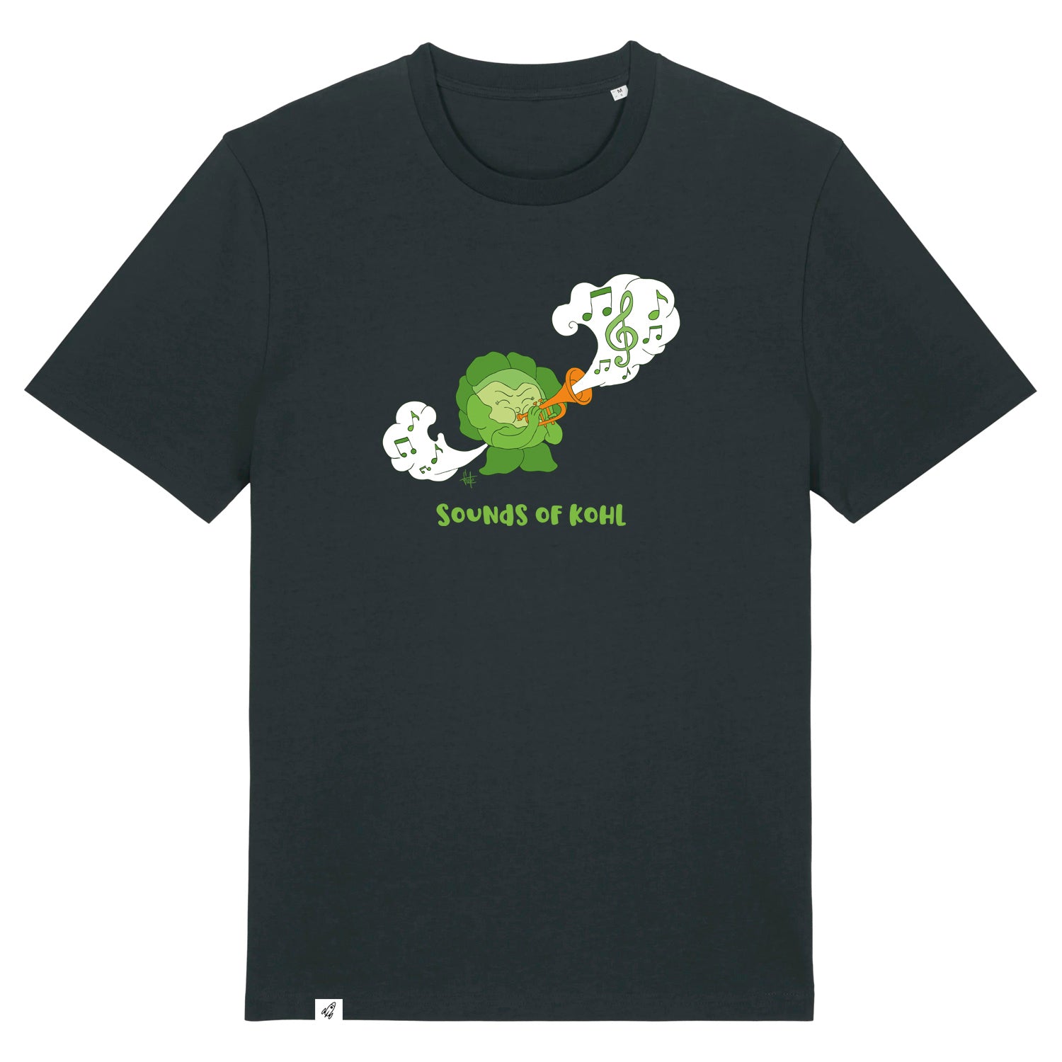 Schwarzes Unisex T-Shirt mit Rundhalsausschnitt. Auf der Brust ist ein Kohl der Musik auf einer Trompete spielt. Darunter steht der Spruch Sounds of Kohl.