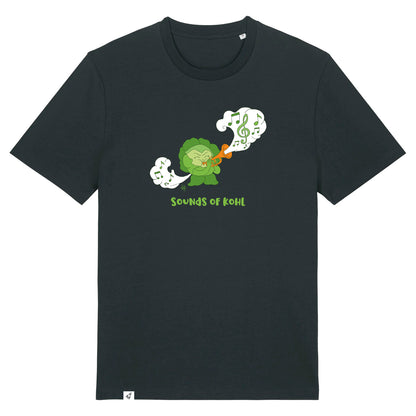 Schwarzes Unisex T-Shirt mit Rundhalsausschnitt. Auf der Brust ist ein Kohl der Musik auf einer Trompete spielt. Darunter steht der Spruch Sounds of Kohl.