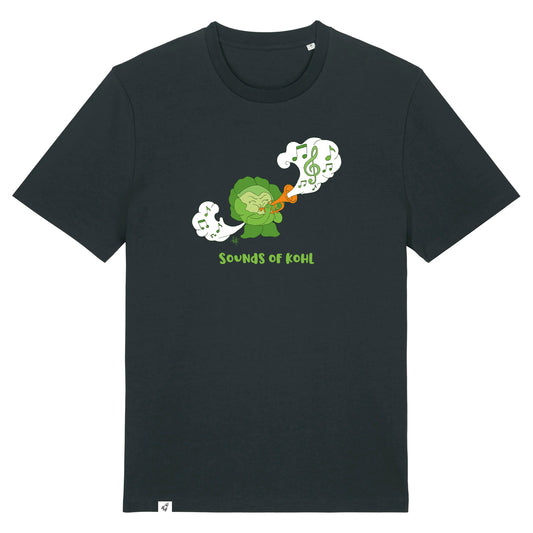 Schwarzes Unisex T-Shirt mit Rundhalsausschnitt. Auf der Brust ist ein Kohl der Musik auf einer Trompete spielt. Darunter steht der Spruch Sounds of Kohl.