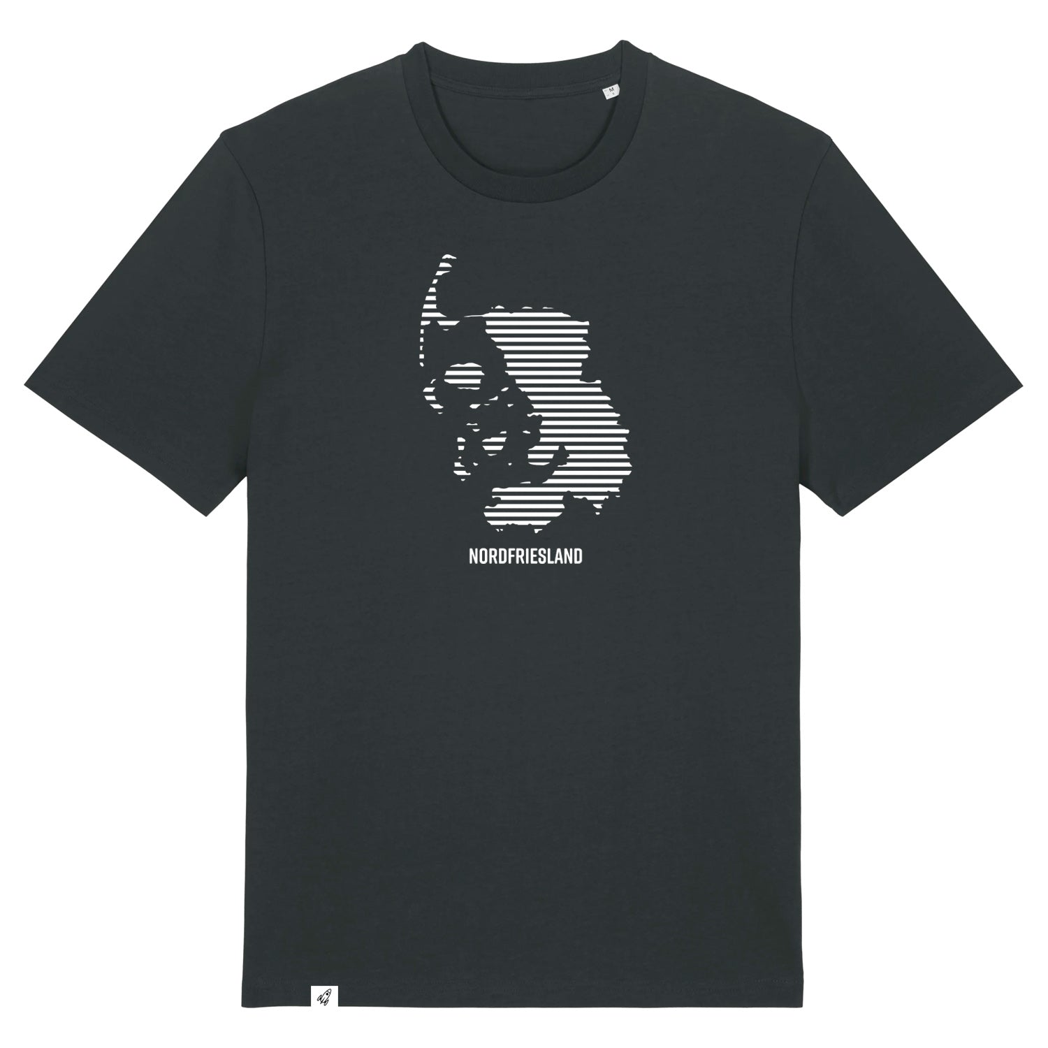Schwarzes Unisex T-Shirt mit dem Nordfriesland Umriss in weißen Streifen.