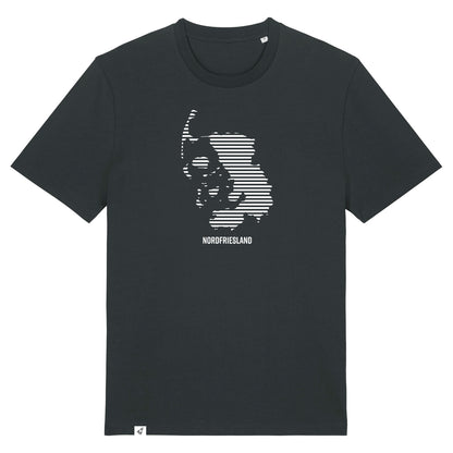 Schwarzes Unisex T-Shirt mit dem Nordfriesland Umriss in weißen Streifen.