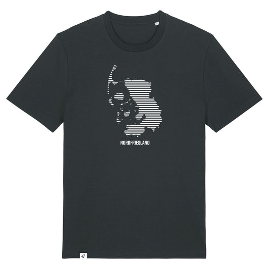 Schwarzes Unisex T-Shirt mit dem Nordfriesland Umriss in weißen Streifen.
