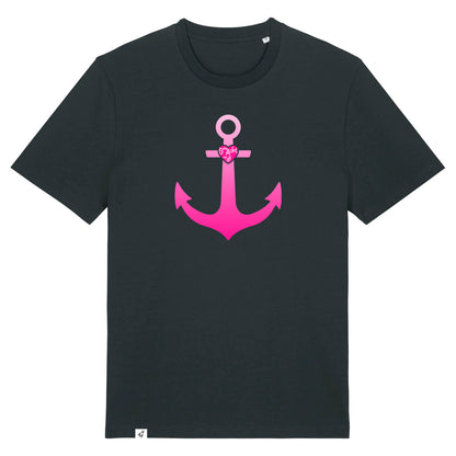 Schwarzes Unisex T-Shirt aus der Pinktober Kollektion mit Anker Motiv.