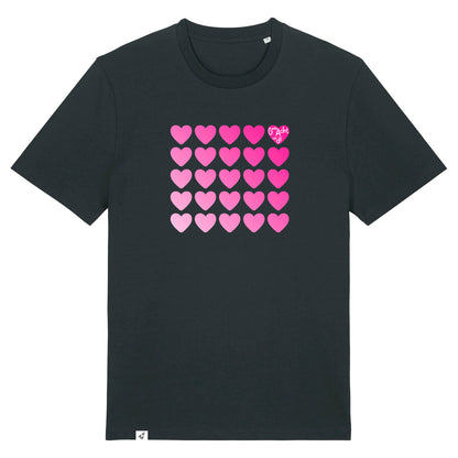 Schwarzes Unisex rundhals T-Shirt mit dem Pinktober Herzen Aufdruck auf der Brust.