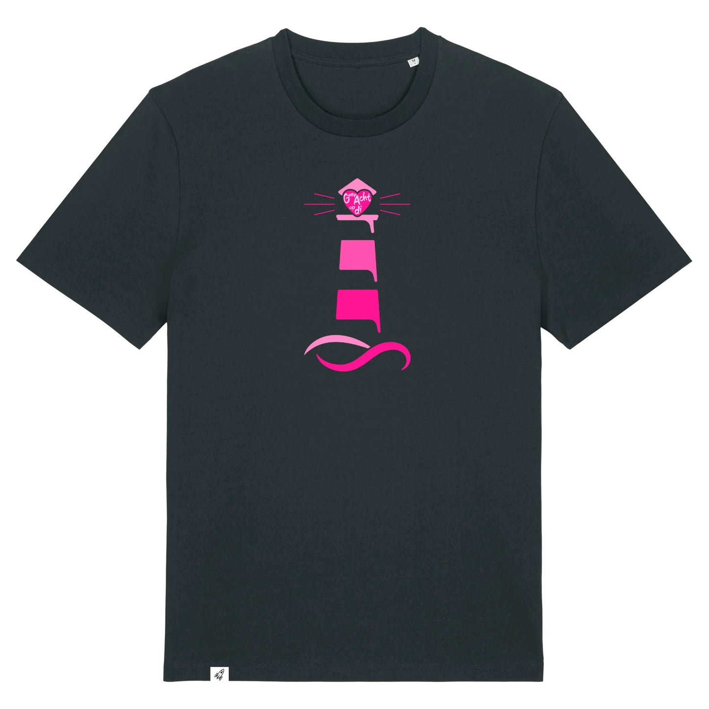 Schwarzes Unisex T-Shirt aus der Pinktober Kollektion mit Leuchtturm Motiv.