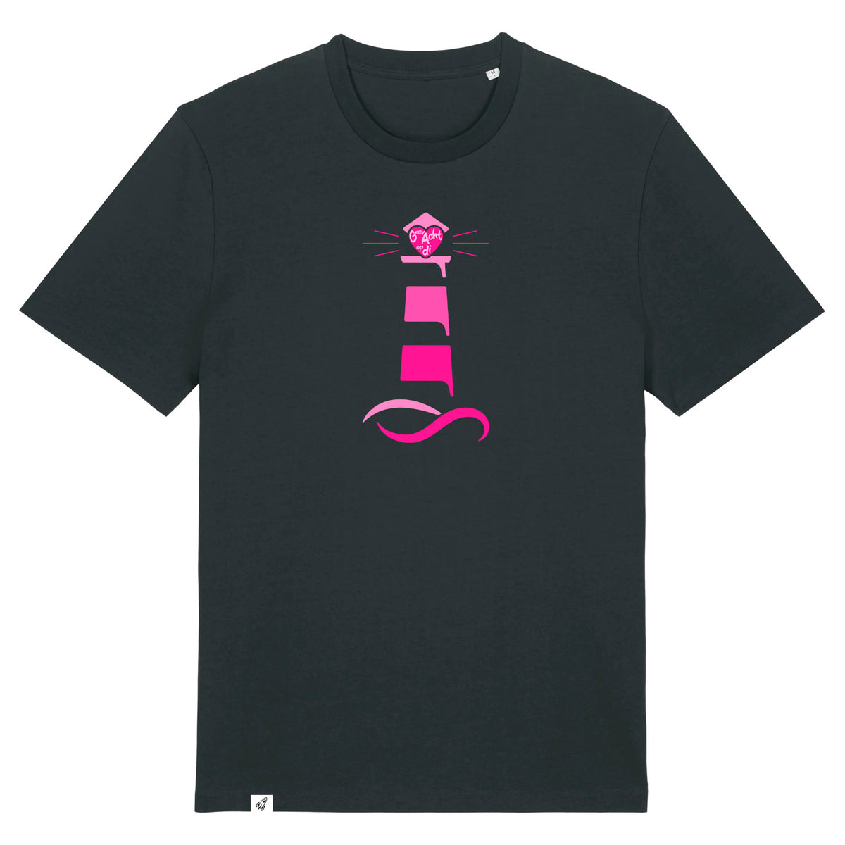 Schwarzes Unisex T-Shirt aus der Pinktober Kollektion mit Leuchtturm Motiv.