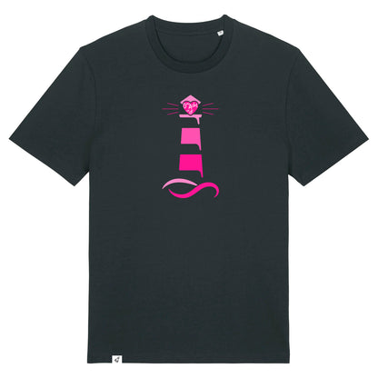 Schwarzes Unisex T-Shirt aus der Pinktober Kollektion mit Leuchtturm Motiv.