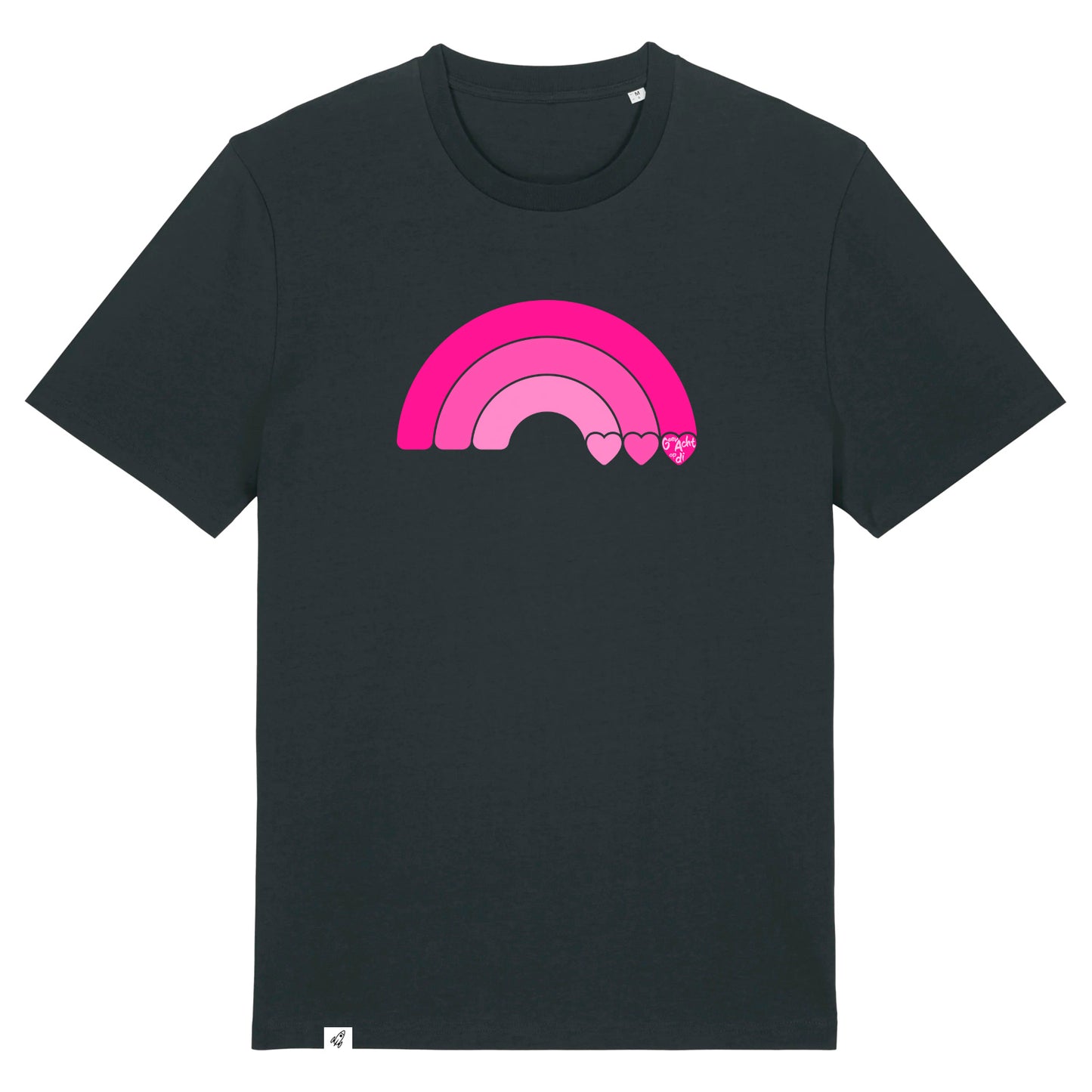 Schwarzes Unisex T-Shirt aus der Pinktober Kollektion mit Regenbogen Motiv.