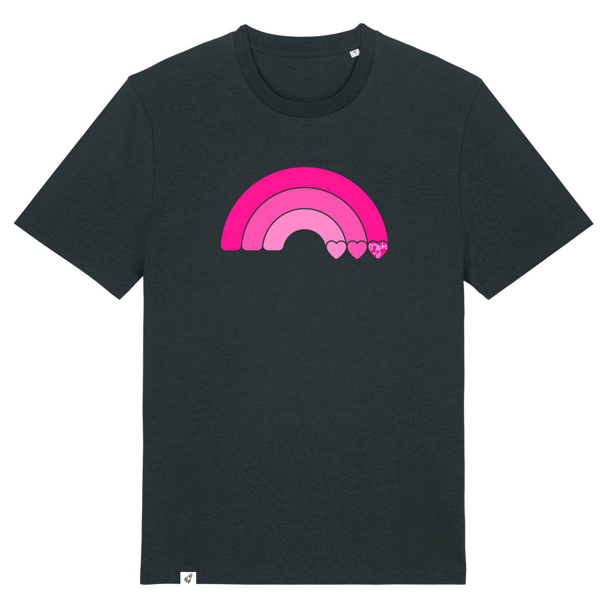 Schwarzes Unisex T-Shirt aus der Pinktober Kollektion mit Regenbogen Motiv.