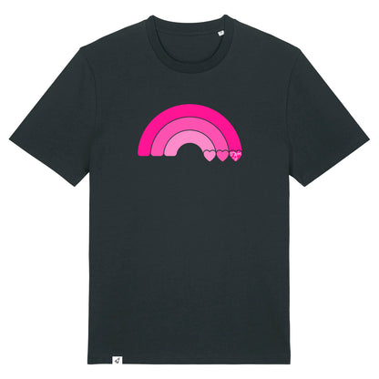 Schwarzes Unisex T-Shirt aus der Pinktober Kollektion mit Regenbogen Motiv.